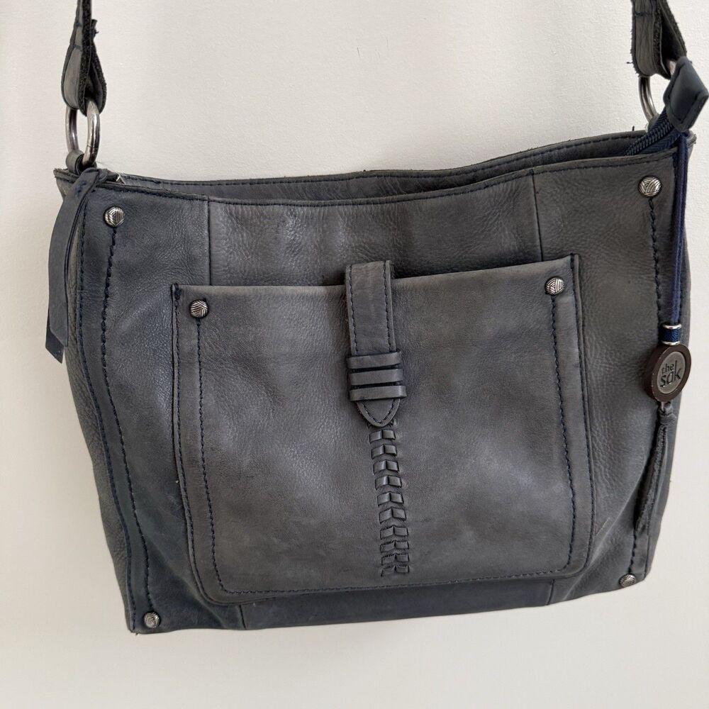 Le Sac Gray Leather Crossbody Bag Hobo Boho Braided Trim